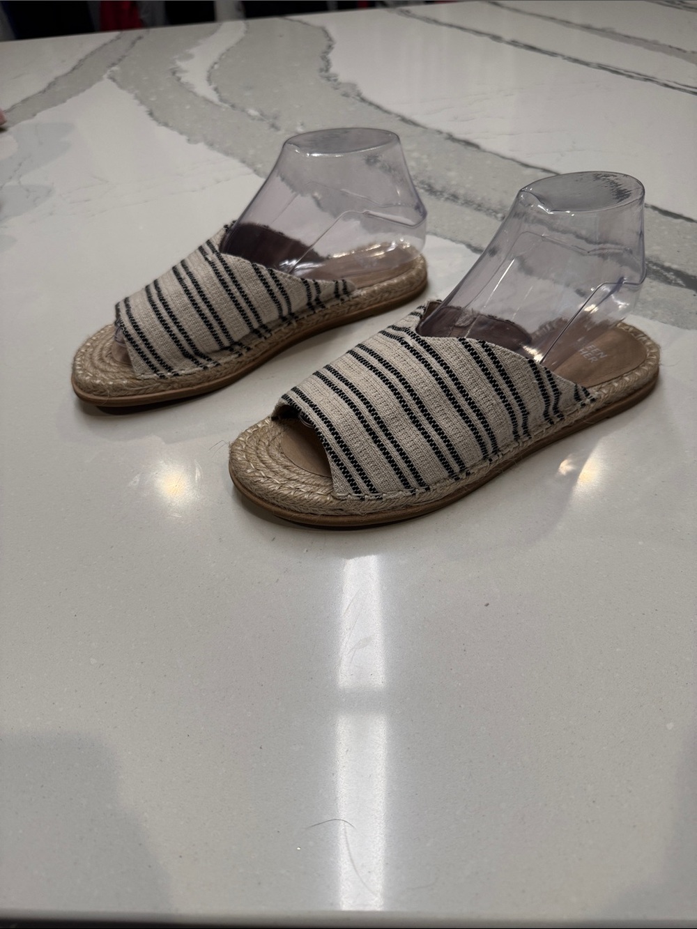 Eileen Fisher Black and Cream Striped Espadrille Slide Sandals